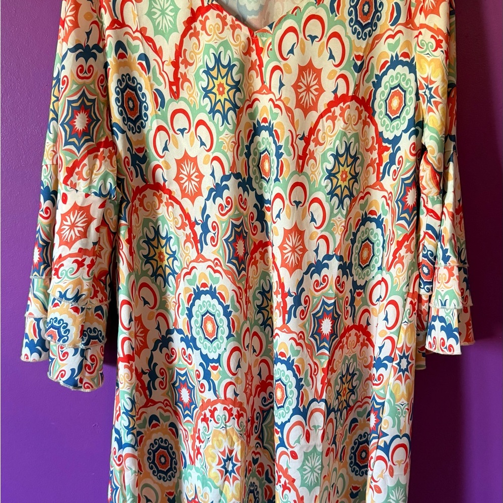 Blue and Orange Graphic Midi Dress with Relaxed Fit